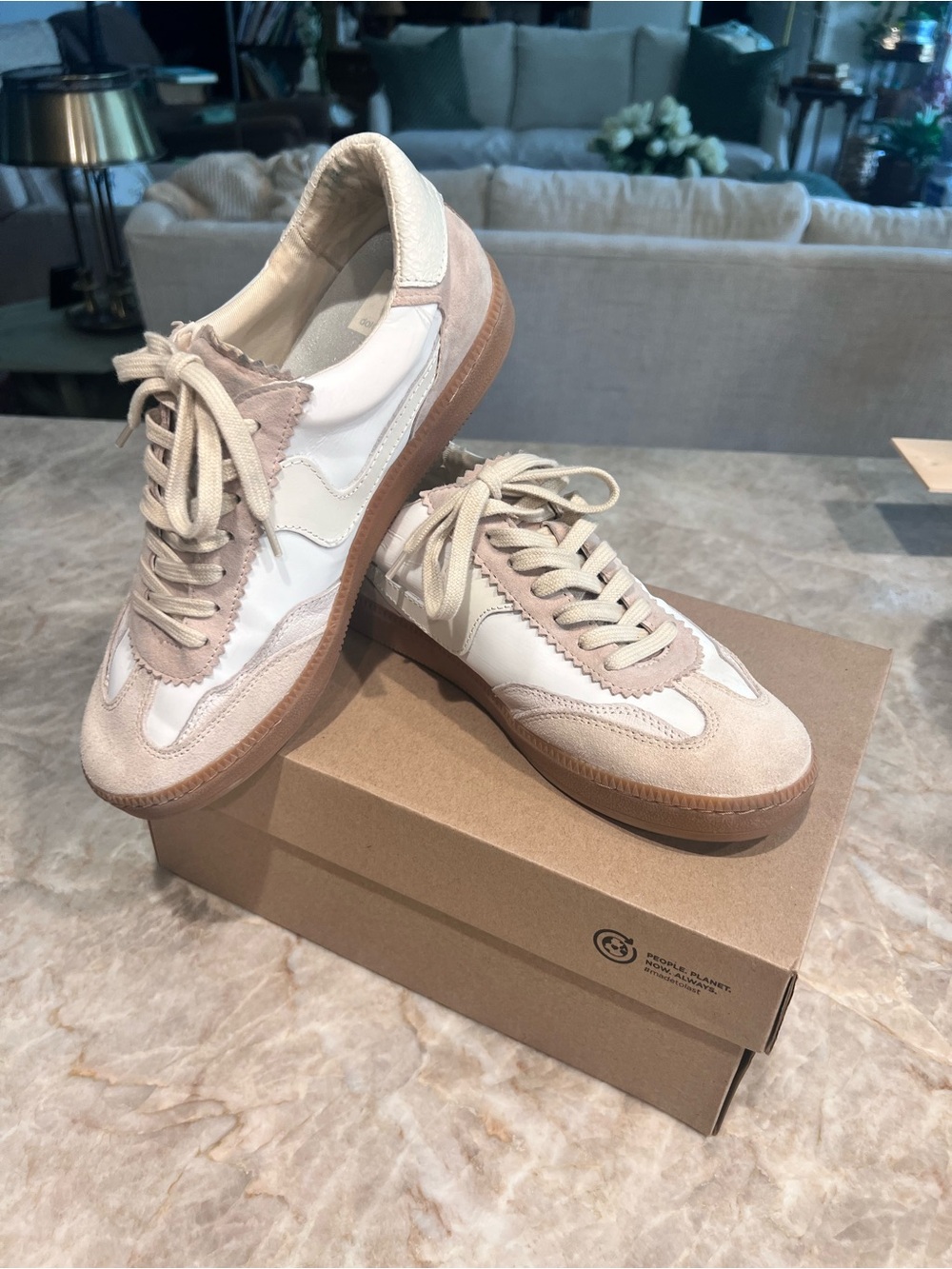 Dolce Vita Beige and White Suede-Trim Lace-Up Sneakers